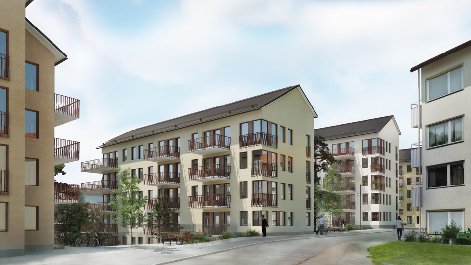 Flerbostadshus i 4 plan med balkonger längs Konstgjutarvägen.  Illustration